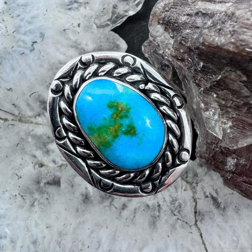 Native American Sterling Silver Oval Sonora Gold Turquoise Ring S 8.25 For Women